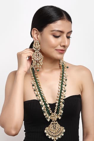 Ruby Raang Pearls & Kundan Hand Embellished Long Pendant Necklace Set 