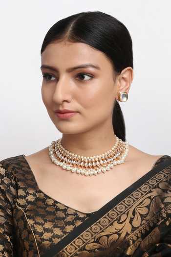 Ruby Raang Kundan & Pearls Hand Embellished Choker Necklace Set 
