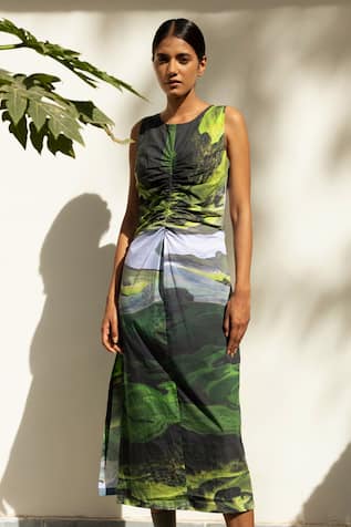 Doodlage Scenic Print Side Slit Dress 