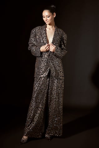 Itrh Boxy Chic Embellished Leopard Pattern Jacket With Pant 