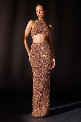 Itrh Gilded Luxor Crystal Embellished Crop Top With Skirt 