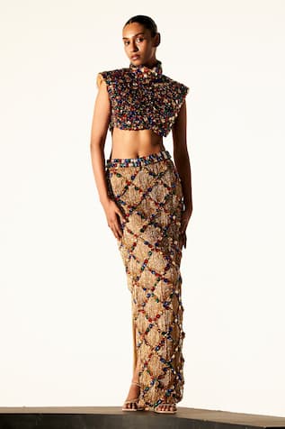 Itrh Sphinx Chic Jewel Embellished Crop Top With Slit Skirt 