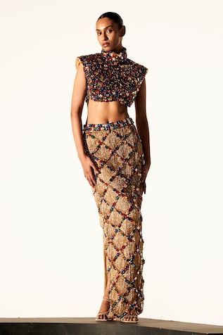 Itrh Sphinx Chic Jewel Embellished Crop Top With Slit Skirt