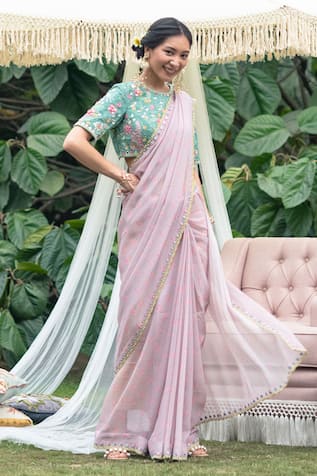 SUMMER BY PRIYANKA GUPTA Rainbow Embroidered Border Saree With Blouse 