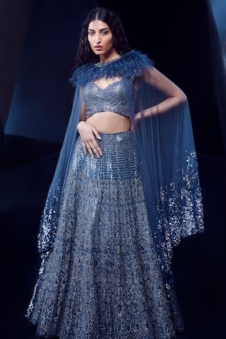 Rohit Gandhi + Rahul Khanna Feather Embellished Cape Lehenga Set 