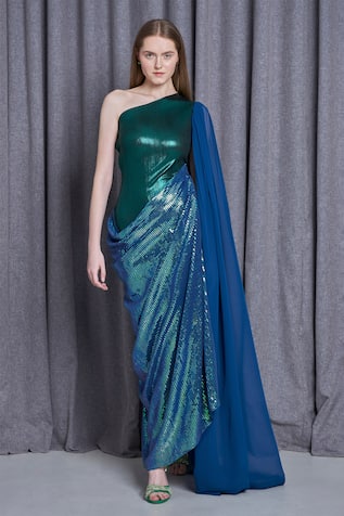 Cham Cham Metallic Sequin Embellished One Shoulder Gown 