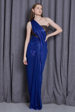 Cham Cham Colorblocked One Shoulder Draped Gown 