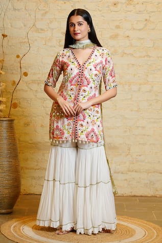 Sajeda A Lehry Sajeda Lotus Hand Embroidered Kurta Sharara Set 