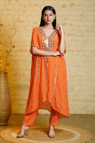 Sajeda A Lehry Tarana Bandhani Sequin Embroidered Kaftan & Pant Set
