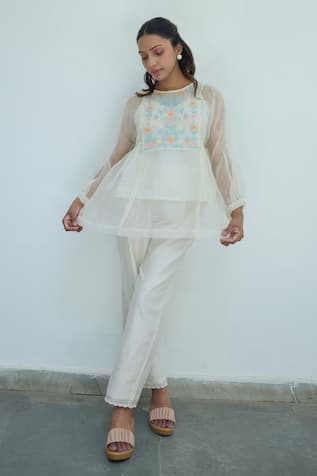 Ayaka Flower Hand Embroidered Yoke Sheer Top 