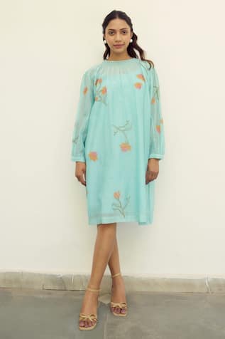 Ayaka Flower Hand Embroidered Tunic Midi Dress 