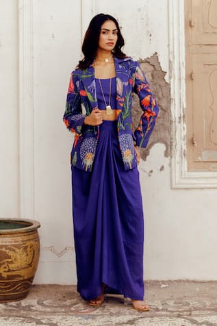 17:17 by Simmi Saboo Zuri Trible Floral Floral Print Blazer & Draped Skirt Set 