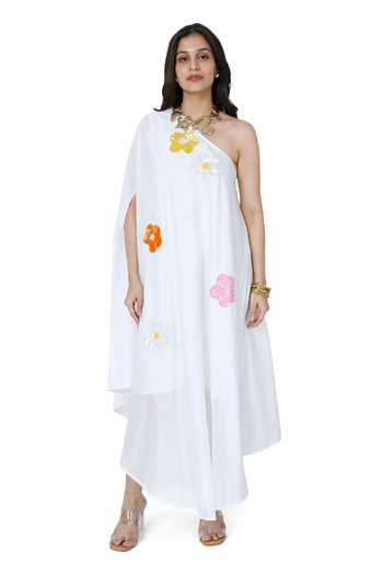 Komal Shah Sequin Flora Patch Embroidered One Shoulder Dress 