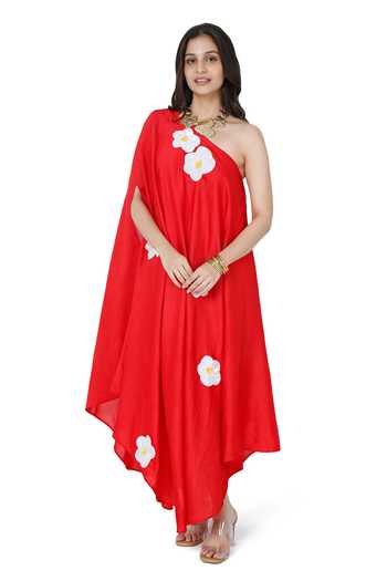 Komal Shah Sequin Floral Patch Embroidered One Shoulder Dress 