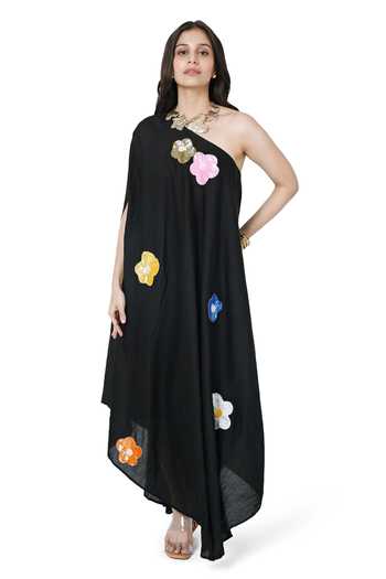 Komal Shah Sequin Fleur Patch Embroidered One Shoulder Dress 