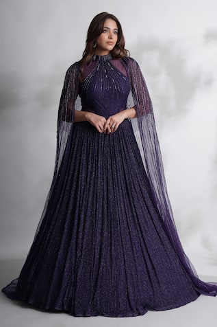 Chaashni by Maansi and Ketan Cutdana Stone Embellished Cape With Cut-Out Gown 