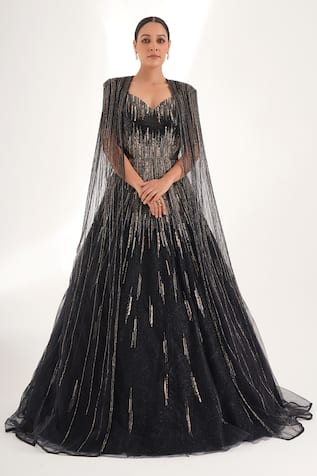 Chaashni by Maansi and Ketan Cutdana Stripe Embellished Cape With Sequined Gown 