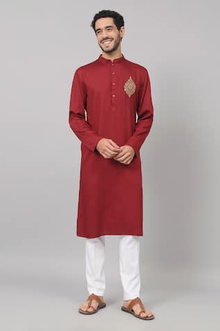 Hilo Design Rosso Zari Thread Placement Embroidered Kurta 