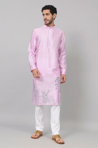 Hilo Design Lila Orchid Placement Embroidered Kurta 