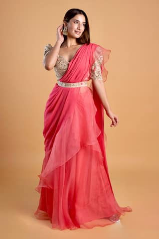 Dajwaree Zinnia Pre-Draped Saree With Floral Embroidery 