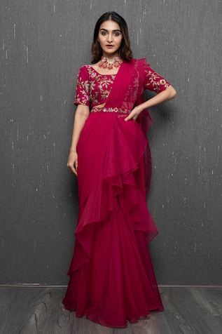 Dajwaree Rose Pre-Draped Ruffled Saree With Embroidered Blouse 