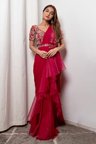 Dajwaree Hibiscus Organza Pre-Draped Ruffled Saree Set 