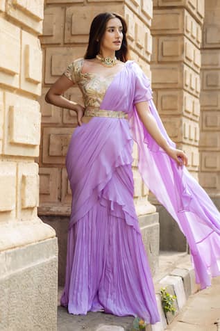 Dajwaree Jasmine Pre-Draped Ruffled Saree With Embroidered Blouse 