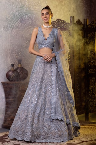 RAJ ARORA Mirror & Thread Embroidered Blouse Lehenga Set 