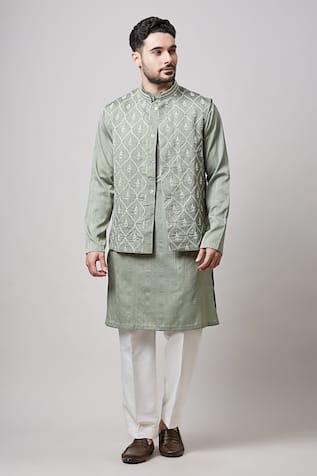 Sanjev Marwaaha Geometric Embroidered Bundi Kurta Set 