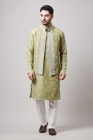 Sanjev Marwaaha Thread Embroidered Bundi Kurta Set 