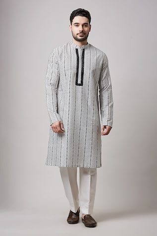 Sanjev Marwaaha Printed Embroidered Placket Kurta & Pant Set 