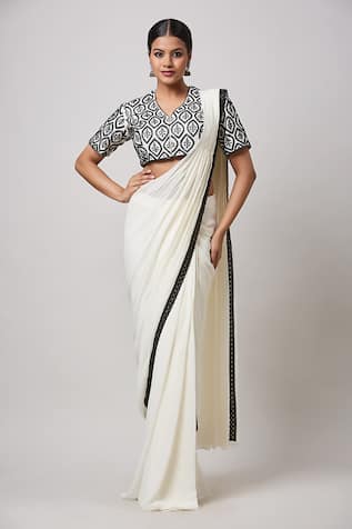 Sanjev Marwaaha Contrast Hand Embroidered Hem Pre-Draped Saree With Blouse 