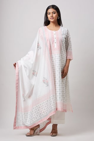 Sanjev Marwaaha Ivory Hand Block Printed Kurta Set 