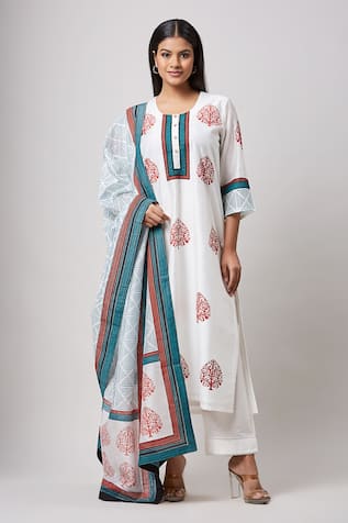 Sanjev Marwaaha Ivory Hand Block Printed Kurta Pant Set 