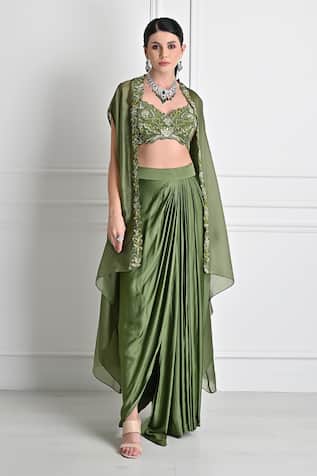 One Knot One By Ashna Floral Border Embroidered Cape Draped Skirt Set 
