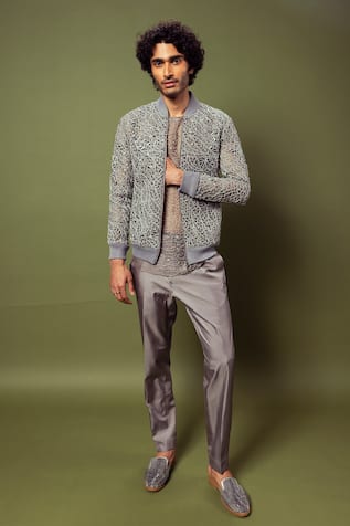 Varun Chakkilam Leaf Cutwork Embroidered Bomber Jacket Pant Set 