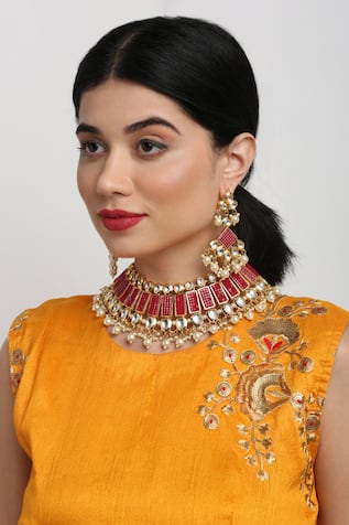 Ruby Raang Geometric Embellished Kundan Necklace Set 