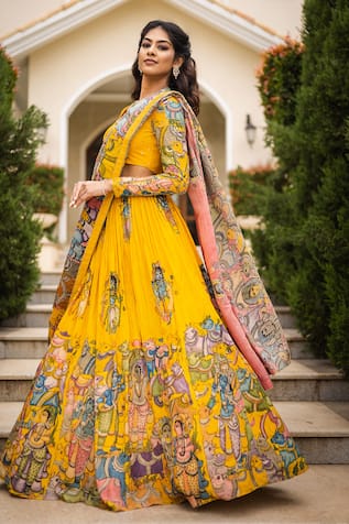 aindhri by mahitha Vrindavan Kalamkari Hand Painted Lehenga Set 