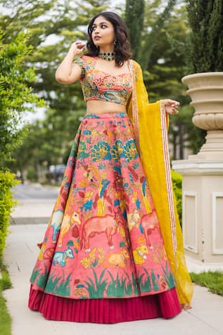 aindhri by mahitha Kalamkari Hand Painted Panelled Lehenga Set 