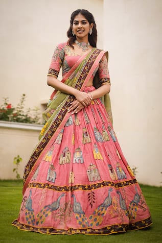 aindhri by mahitha Kalamkari Elephant Painted Lehenga Set 