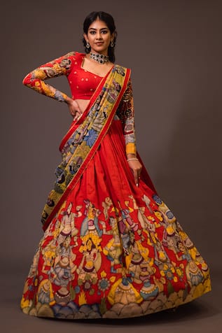 aindhri by mahitha Kalamkari Ajantha Hand Painted Gathered Lehenga Set 