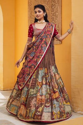 aindhri by mahitha Ganesha Kalamkari Hand Painted Lehenga Set 