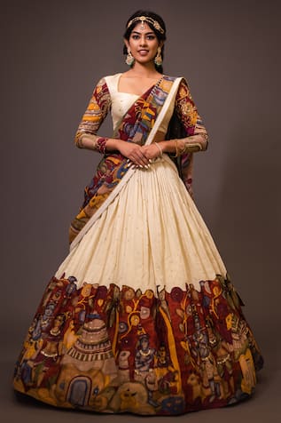 aindhri by mahitha Village Kalamkari Hand Painted Lehenga Set 