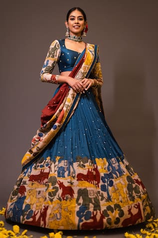 aindhri by mahitha Kalamkari Painted & Embroidered Lehenga Set 