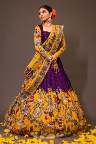 aindhri by mahitha Kalamkari Painted Lehenga Set 