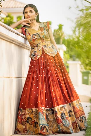 aindhri by mahitha Kalamkari Lehenga & Peplum Blouse Set 