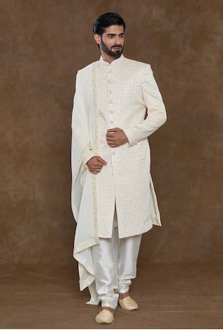 Zig-Zag Pattern Embellished Sherwani Churidar Set 