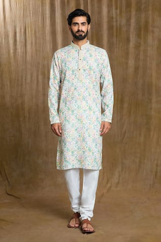 Mandarin Collar Floral Print Kurta & Pyjama Set 