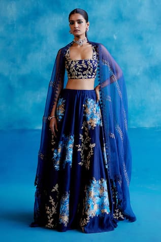 Devnaagri Silk Chanderi Hand Painted Embroidered Lehenga Set 