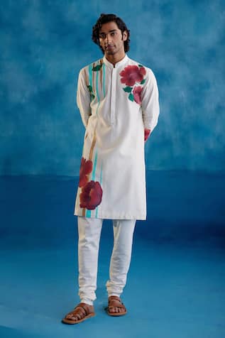 Devnaagri Silk Chanderi Floral Hand Painted Kurta & Churidar Set 